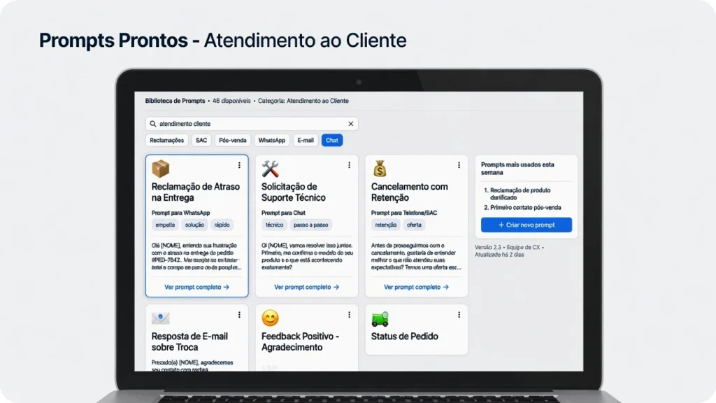 Exemplos de prompts de IA para atendimento ao cliente.