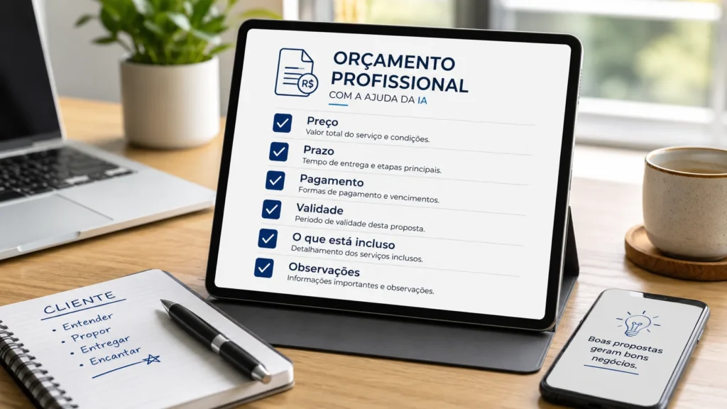 Checklist para revisar orçamento profissional antes de enviar ao cliente.
