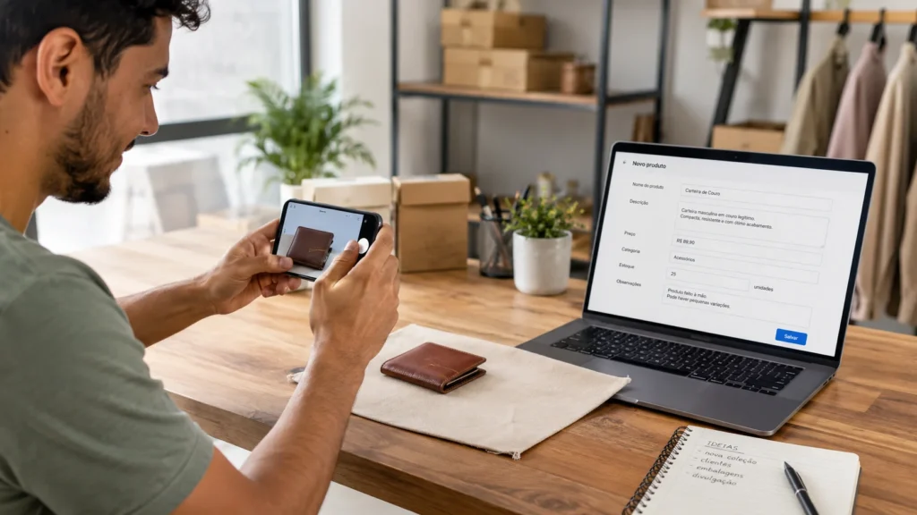 Empreendedor organizando produto para venda online com descrição profissional.