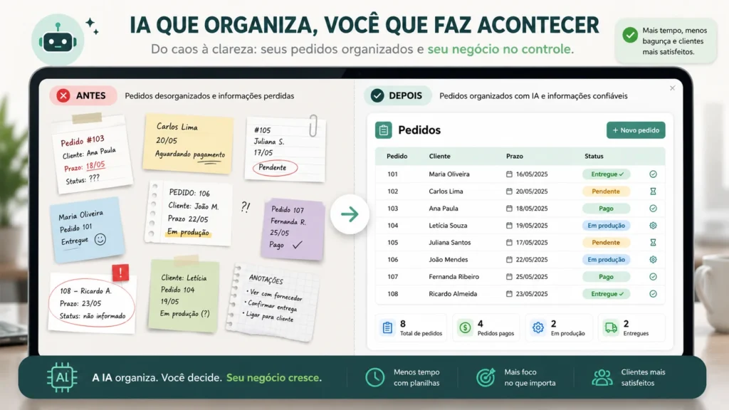 antes e depois de pedidos organizados com ajuda de IA