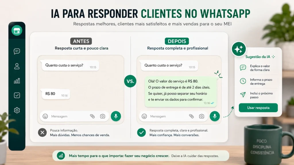 antes e depois de resposta para cliente no WhatsApp usando IA