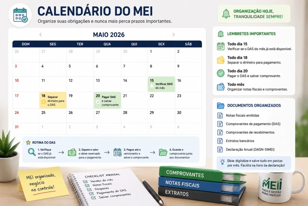 Calendário de obrigações mensais do MEI com lembrete do DAS