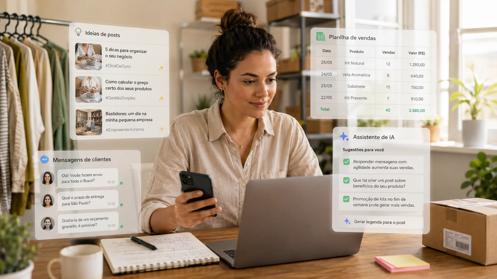 inteligência artificial ajudando MEI a criar posts responder clientes e organizar tarefas