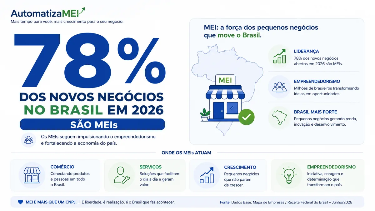 Infográfico editorial 16:9, 1200x675px, mostrando de forma simples o número “78%” em destaque, com pequenos blocos visuais representando novos negócios, MEIs, serviços, comércio e empreendedorismo no Brasil. Design limpo e profissional, paleta azul, verde e branco, fundo claro, ícones minimalistas, boa legibilidade, estilo AutomatizaMEI, sem excesso de elementos, sem logotipos oficiais falsos.