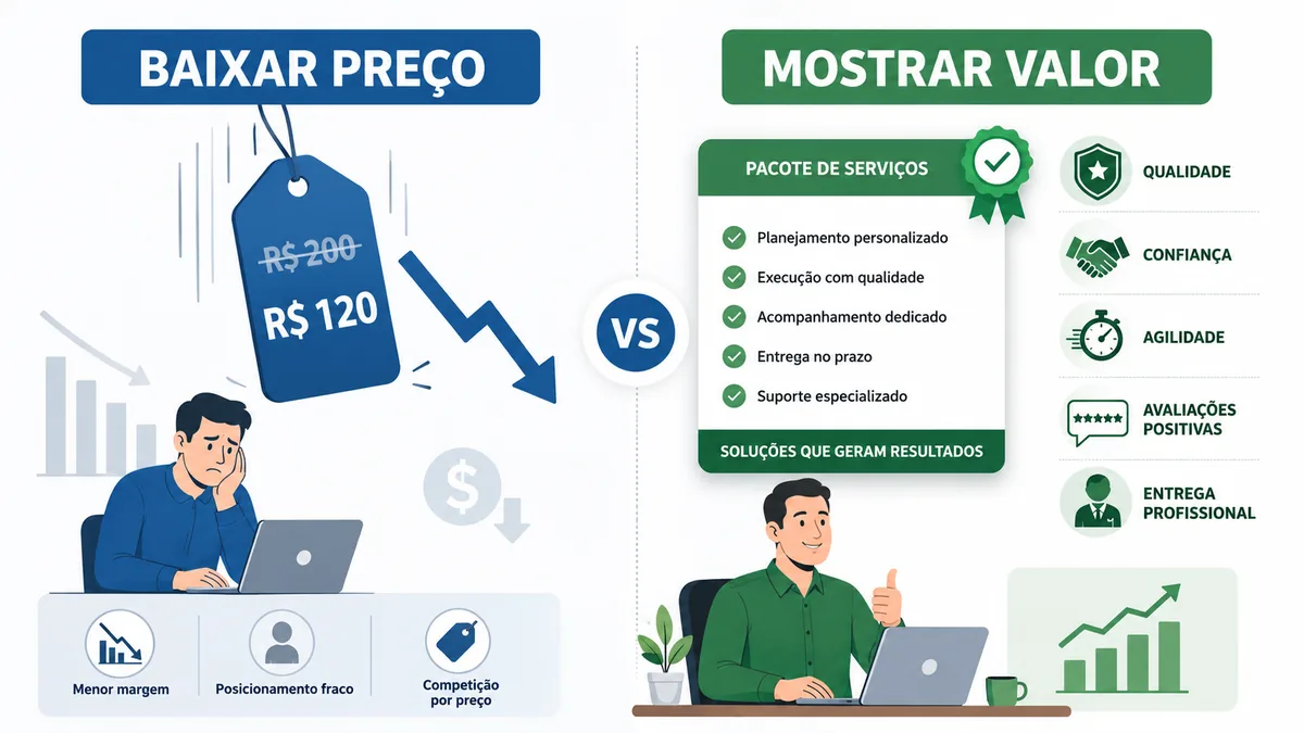 Infográfico comparando baixar preço com mostrar valor para o MEI vender melhor.
